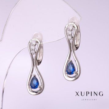 Знижка! Сережки Xuping з синім каменем 25х8мм родій 57004 фото