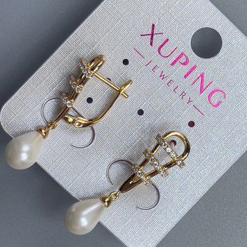Серьги Xuping Позолота 18к с жемчужиной d-7х9мм и белыми стразами L-32мм + - 56827 фото