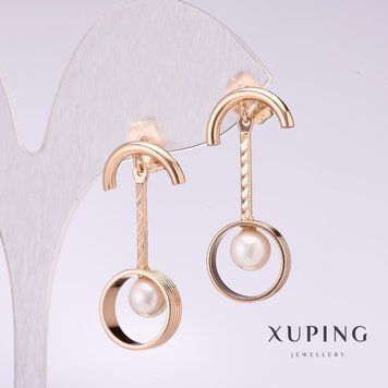 Сережки Xuping з білою намистиною Майорка 30х5мм позолота 55742 фото