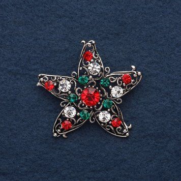 Брошь Акцент 5см+- разноцветные стразы серебристый металл 62112 фото