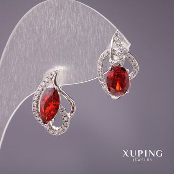 Серьги Xuping асимметрия с камнем цвет красный 18х11мм родий 56640 фото