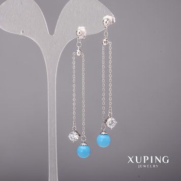 Серьги Xuping с белыми камнями и жемчугом майорка 8х80мм Родий 57080 фото
