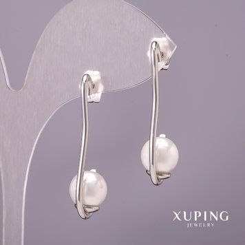 Серьги Xuping с Майоркой d-10х35мм Родий 56899 фото