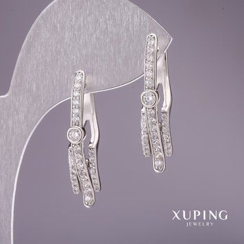 Сережки Xuping з білими стразами 31х7мм родій 56937 фото