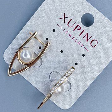 Серьги Xuping Позолота 18к с жемчужиной d-8 мм и белыми стразами L-28мм + - 55844 фото