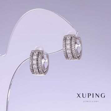 Сережки Xuping з білими стразами L-14мм s-6мм родій 56777 фото