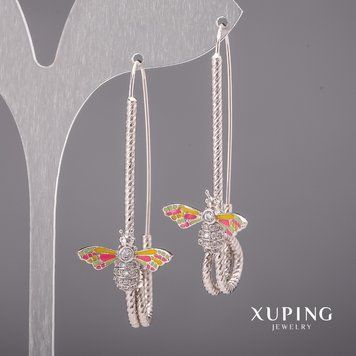 Сережки Xuping з білими каменями і емаллю 20х54мм Родій 55176 фото
