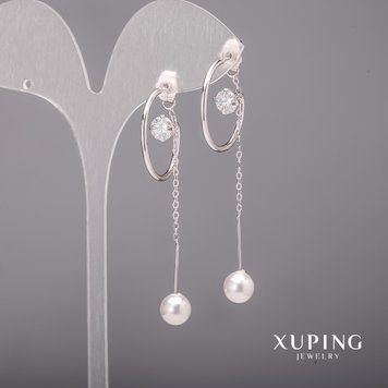 Серьги Xuping с белыми камнями и жемчугом Майорка 22х62мм Родий 55711 фото