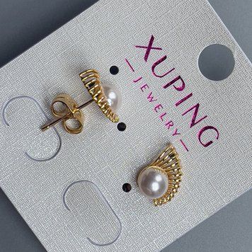 Сережки пусети кульчики Xuping з перлиною d-5мм+- 12х7мм+- позолота 18к 56745 фото