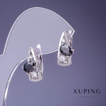 Серьги Xuping 17х8мм родий с черным камнем 55777 фото