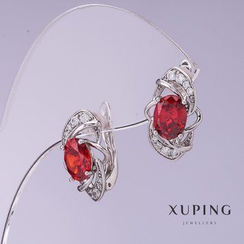 Серьги Xuping с красными цирконами d-10мм L-17мм родий 56788 фото