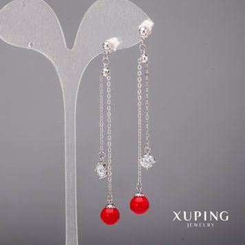 Серьги Xuping с белыми камнями и жемчугом майорка 8х80мм Родий 57065 фото