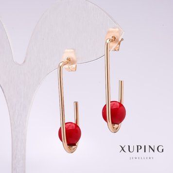 Сережки Xuping з червоною намистиною Майорка 34х8мм позолота 56760 фото