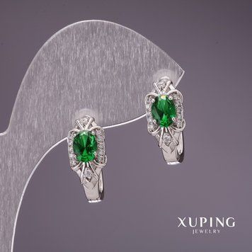 Сережки Xuping з зеленими каменями 28х8мм родій 56928 фото