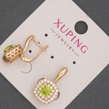 Сережки Xuping з білими стразами та оливковим кристалом d-12мм+- L-20мм+- Позолота 18К 55250 фото