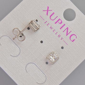 Серьги пусеты Xuping с белым кристаллом и стразами d-6,5х5,5мм+- Родий 57399 фото