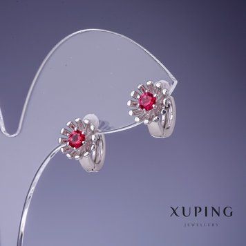 Серьги Xuping Цветок с малиновыми кристаллами 12х9мм родий 55478 фото