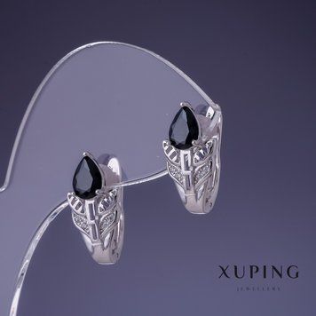 Серьги Xuping 17х10мм родий с черным камнем 55422 фото