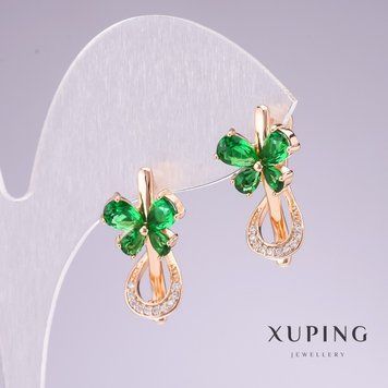 Серьги Xuping позолота 18к с зелеными камнями и белыми стразами 20х11мм 56747 фото