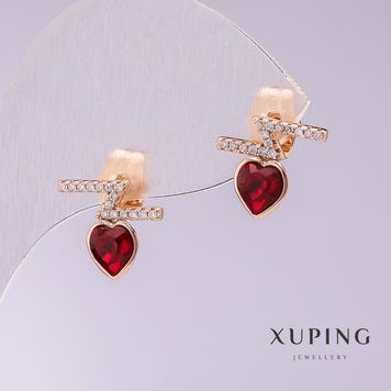 Серьги Xuping пусеты пульсеты серьги с красными камнями Сердца 12х11мм позолота 56980 фото