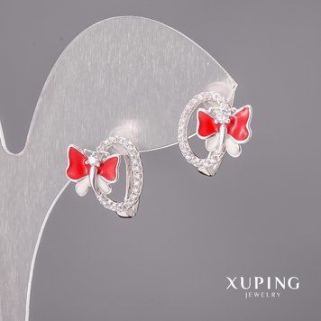 Сережки Xuping з білими каменями і емаллю 13х14мм Родій 56670 фото