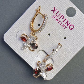 Сережки Xuping позолота 18к, родій з каменем колір червоний та білими стразами 30х12мм 56907 фото