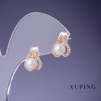 Серьги Xuping Сердца 12х12мм жемчуг "Майорка" 6мм "позолота 18К" 56605 фото