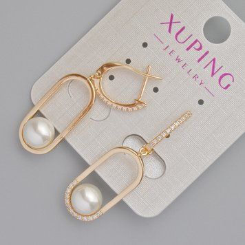 Сережки Xuping з білими стразами та намистиною Майорка d-24х11мм+- L-40мм+- Позолота 18К 55651 фото