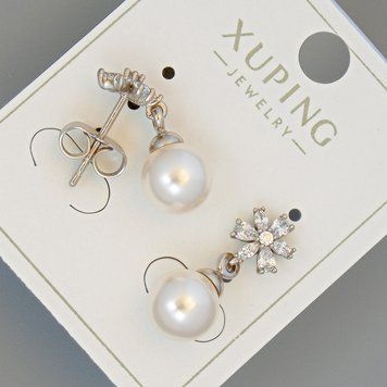 Серьги пусеты Xuping с белым стразами и бусиной d-8мм L-20мм+- родий 56630 фото
