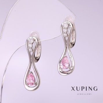 Знижка! Сережки Xuping з рожевим каменем 25х8мм родій 57003 фото