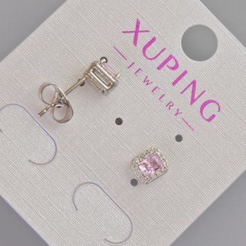 Серьги пусеты Xuping с розовым кристаллом и белыми стразами d-6,5х5,5мм+- Родий 57401 фото