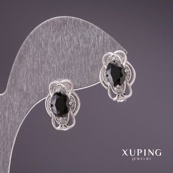 Сережки Xuping з чорними каменями 15х11мм родій 56869 фото