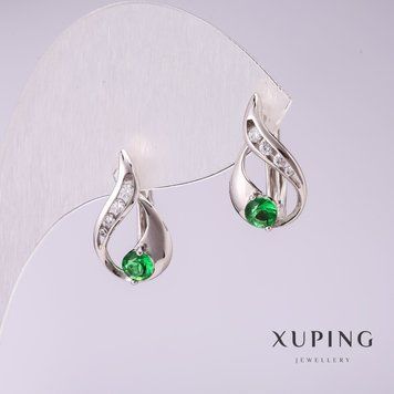 Сережки Xuping із зеленими каменями 17х10мм родій 55457 фото