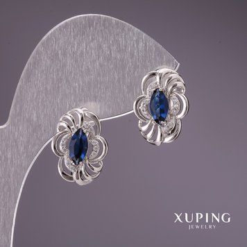 Знижка! Сережки Xuping з синіми каменями 17х12мм родій 55448 фото