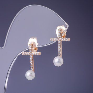 Серьги Xuping Крестики с жемчугом "Майорка" 20х12 мм "позолота 18К" 55273 фото