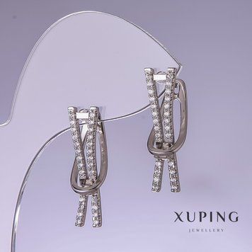 Сережки Xuping з білими стразами 25х7мм родій 57023 фото