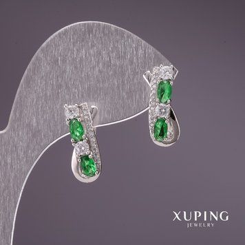 Знижка! Сережки Xuping із зеленими каменями 16х7мм родій 56796 фото