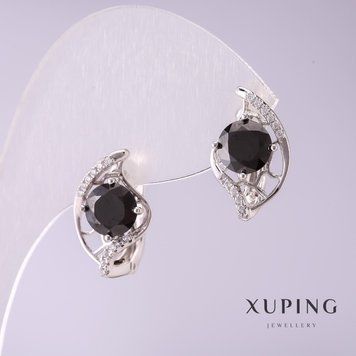 Сережки Xuping з чорними каменями 17х10мм родій 56779 фото