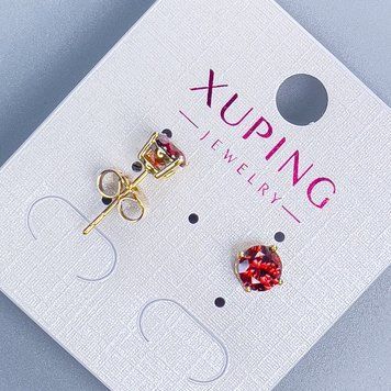 Сережки пусети кульчики Xuping з червоним каменем оправа "Квадро" 6мм+- позолота 18к 55771 фото
