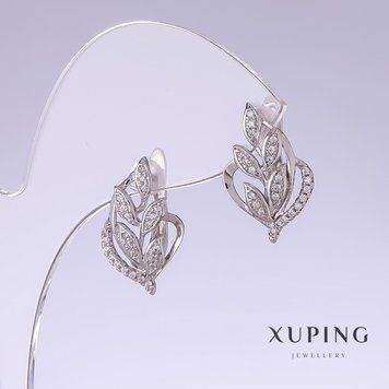 Сережки Xuping з білими стазами L-19мм s-12мм родій 56730 фото