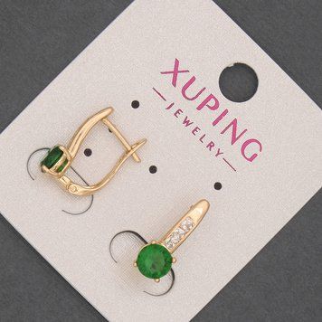 Сережки Xuping з білими стразами та зеленим кристалом d-6мм+- L-17мм+- Позолота 18К 56713 фото