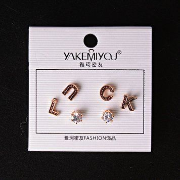 [ 5 мм ] Сережки пусети кульчики букви LUCK і страза Gold 3301 фото