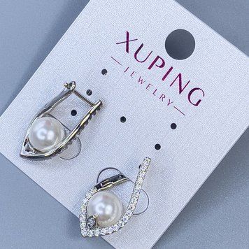 Серьги Xuping родий с жемчужиной d-8 мм и белыми стразами L-24мм + - 57026 фото