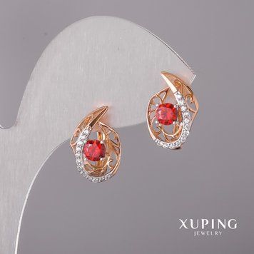Сережки Xuping з червоним каменем 10х16мм родій, позолота 18к 56626 фото