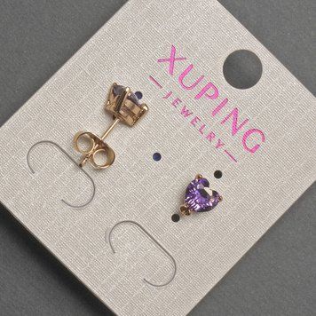 Сережки пусети кульчики Xuping серце з фіолетовим кристалом d-7мм+- позолота 18к 55246 фото