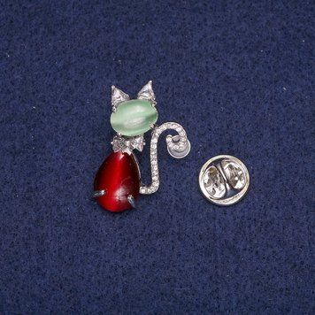 Скидка! Брошь Котик с кабошоном кошачий глаз и стразами, серебристый металл 18х29мм 60450 фото