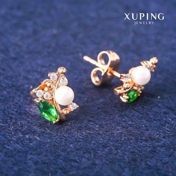 Сережки пусети кульчики Xuping із зеленими кристалами та Майоркою d-8х13мм Позолота 18К 56838 фото