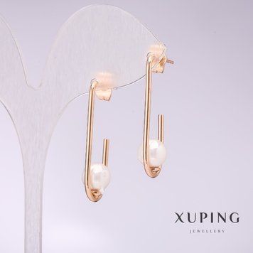 Сережки Xuping з білими перлами Майорка 34х8мм позолота 56761 фото