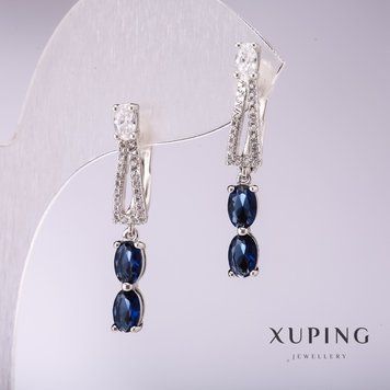 Сережки Xuping з синіми каменями 33х5мм родій 57130 фото