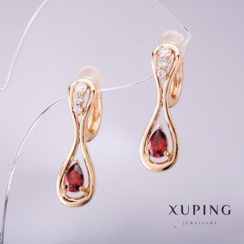 Серьги Xuping с камнем цвет красный 25х8мм позолота 18к 55823 фото